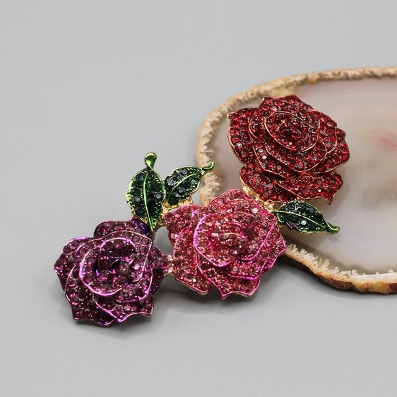 Jewelry pin brooch rose roses flower large gold tone pink red purple fashion - Picture 2 of 12